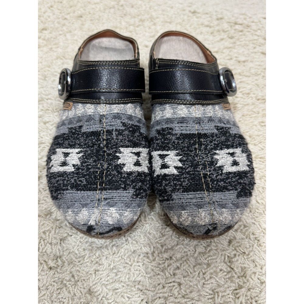 Pikolinos Black Leather Gray Textile Aztec Boho Granada Clogs Euro 41 US 10-10.5